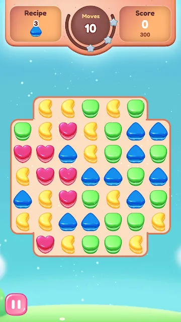 A board of biscuit and sweet tiles with the recipe goal, ten moves and the score along the top