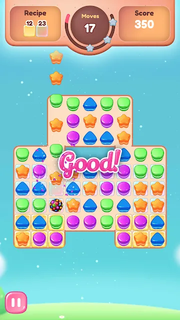 A clear resolving on a cookie board with seventeen moves left and a rising score